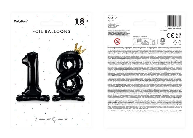 Balon foliowy stojący, liczba "18" 84 cm czarny FB125-18-010 PartyDeco
